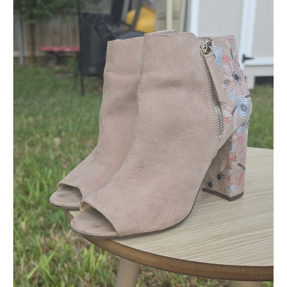 Beige Faux Suede Floral Embroidered Open Toe Block Heel Ankle Booties